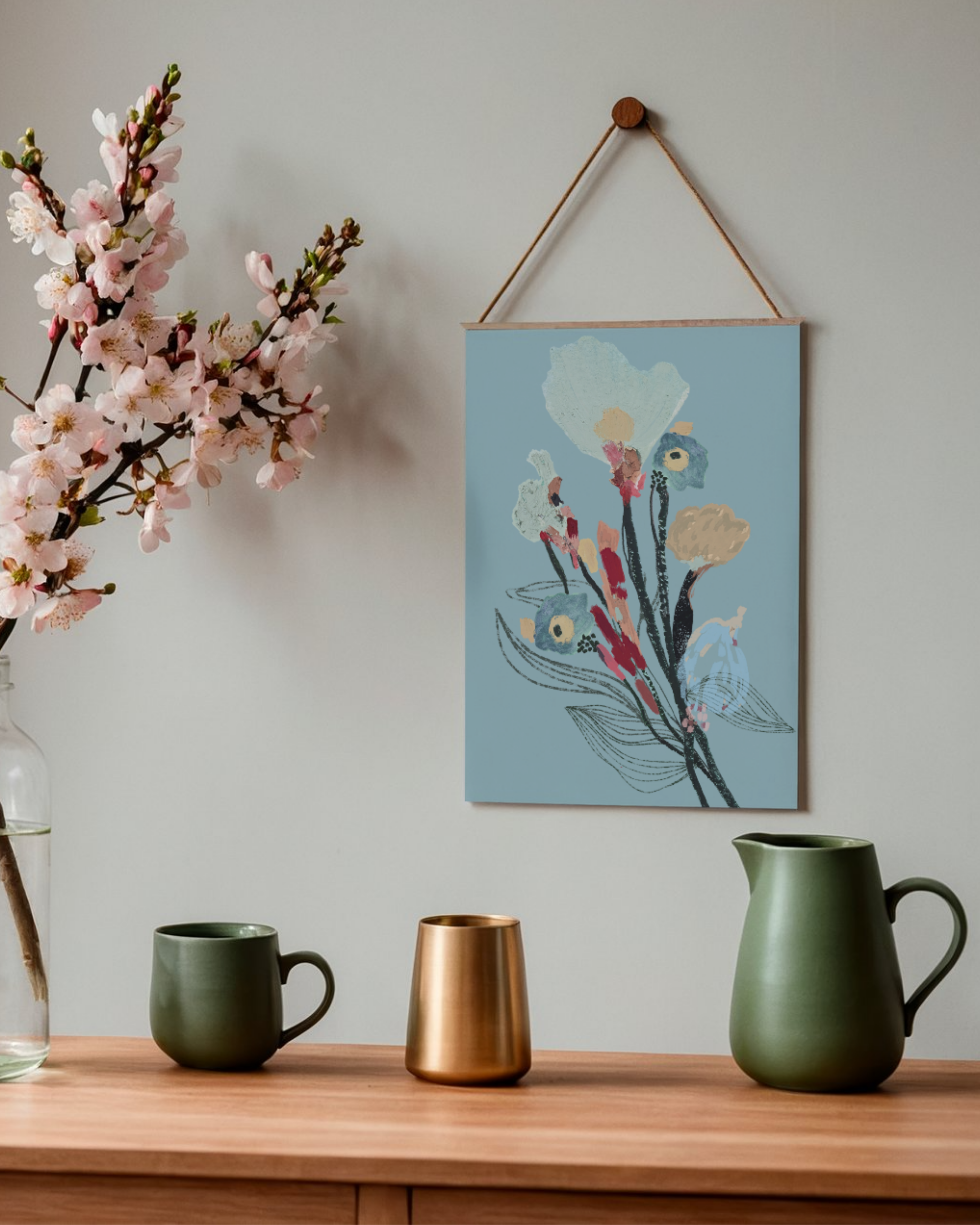 Apresentação das variações de cor do Print #Flor04 da A'IUNE, com arte floral autoral em aquarela.