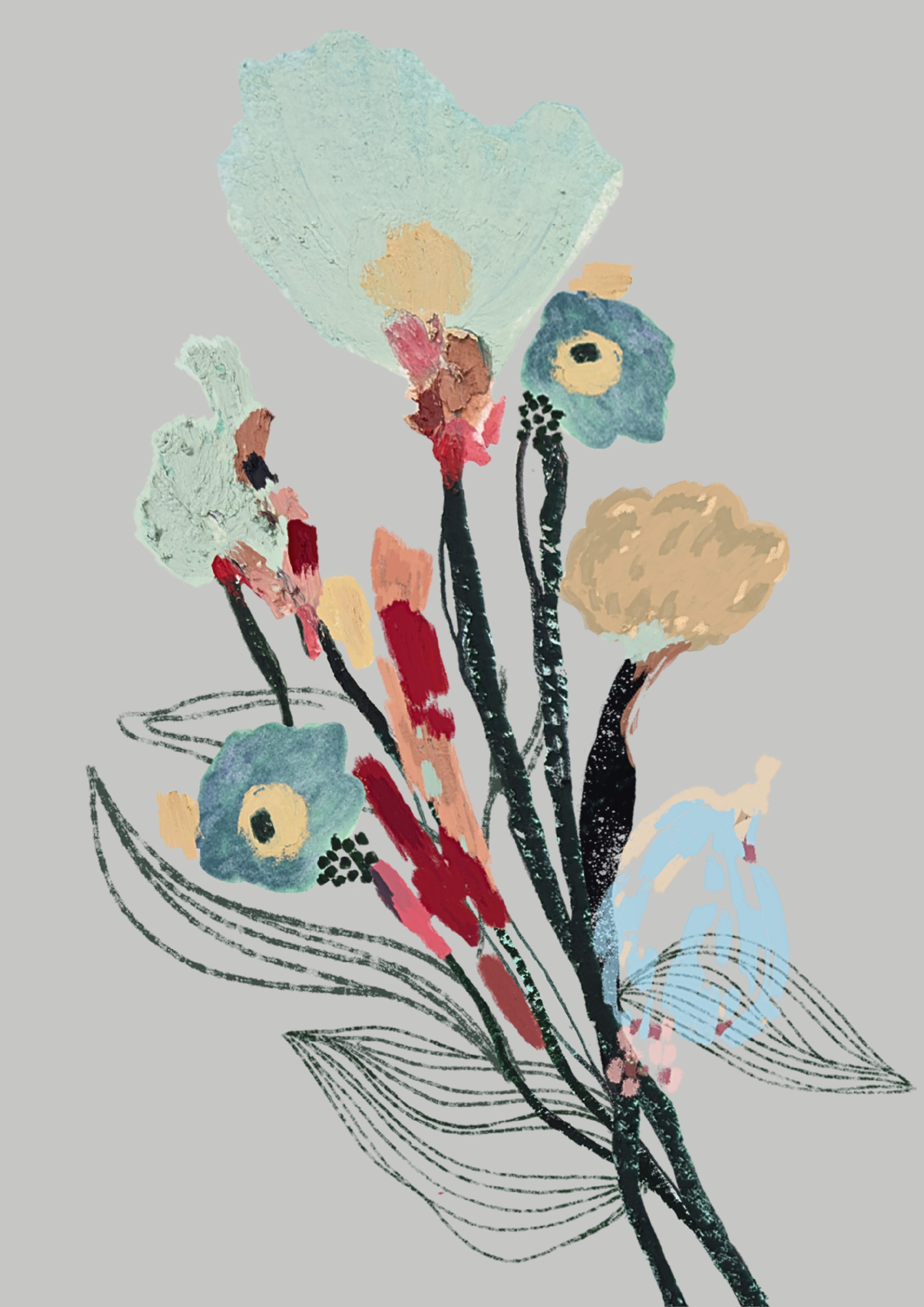 Print #Flor04 da A'IUNE na variação gelo, com arte floral exclusiva em aquarela e acabamento digital.