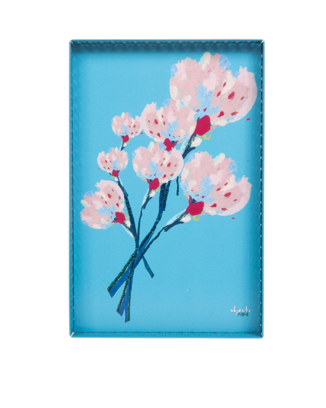 Vista principal da bandeja edição especial #02 da A'IUNE, em metal azul com fundo removível de arte floral.