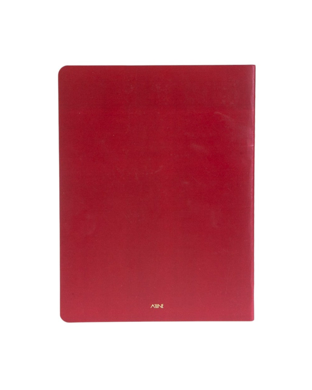 Vista da contracapa vermelha do Planner 01 da A'IUNE, produzido com capa flexível e acabamento minimalista.