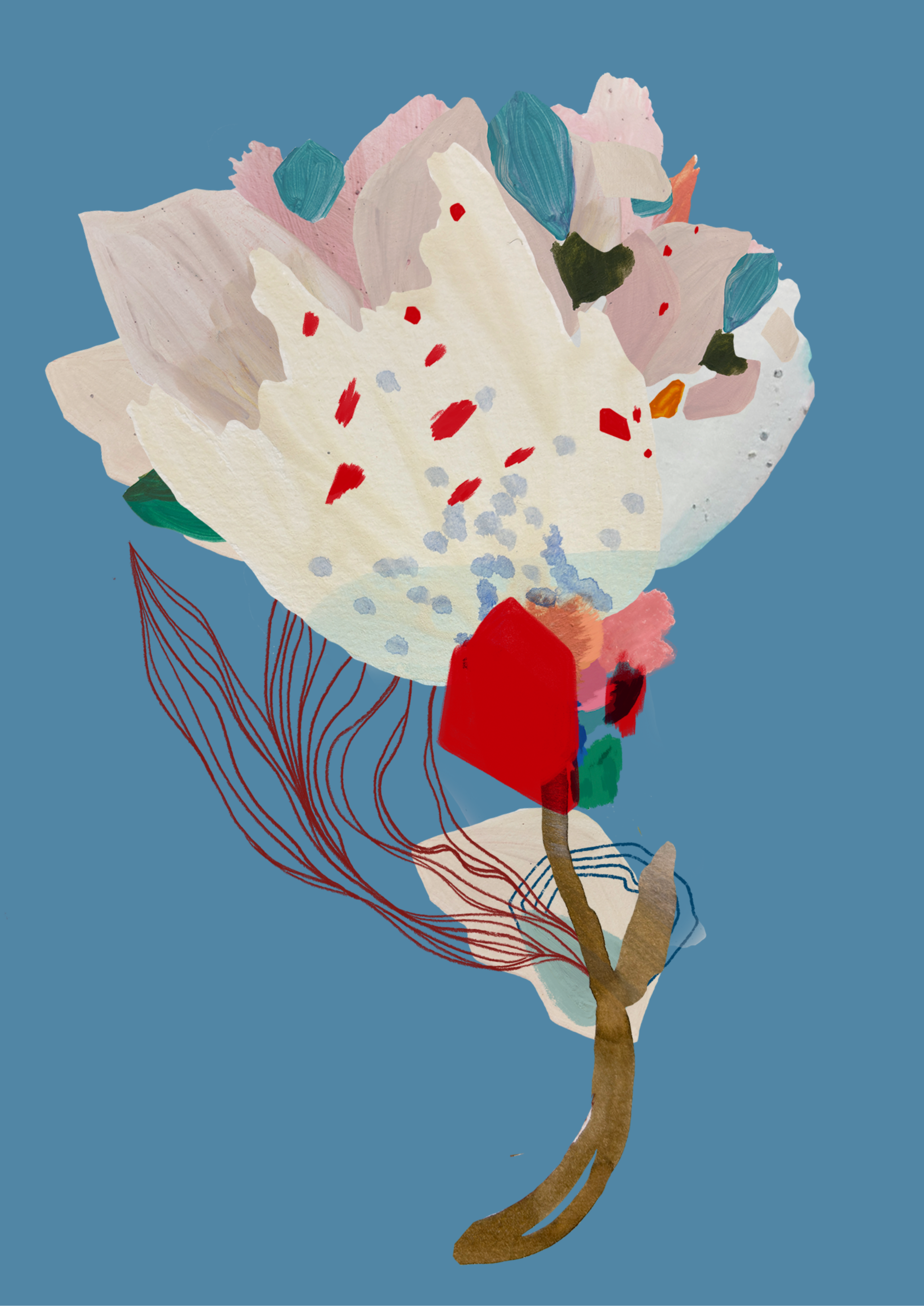 Print #Flor01 da A'IUNE na variação azul-claro, com arte floral autoral em aquarela no formato A4.