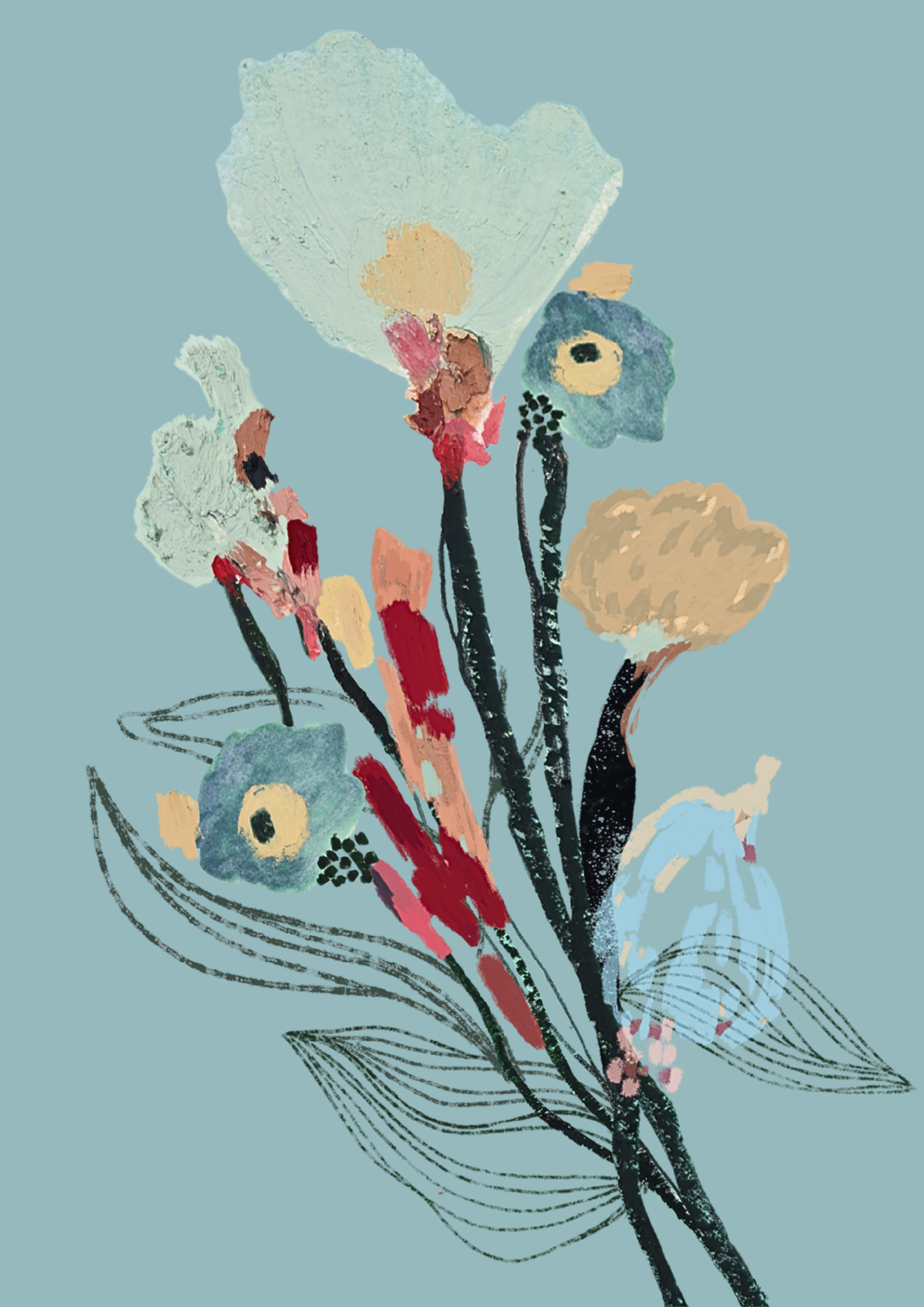 Print #Flor04 da A'IUNE na variação azul-claro, com ilustração floral autoral impressa em papel especial.